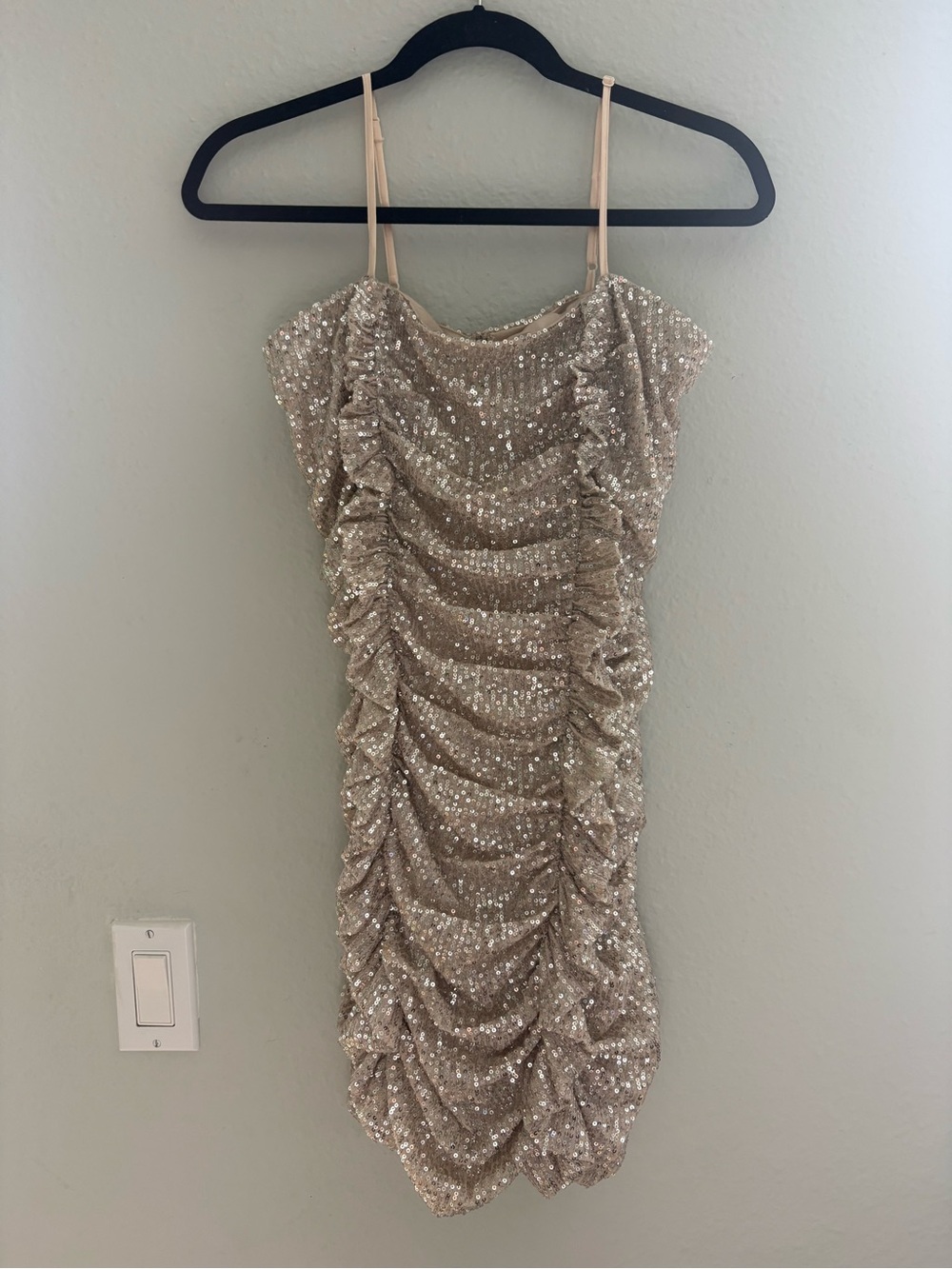 NWOT Anthropologie Endless Rose Champagne Sequin Ruched Mini Dress, medium